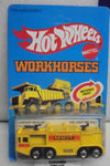 1983 HOT WHEELS WORKHORSES YELLOW AIRPORT RESCUE TRUCK UNPUNCHED CARD