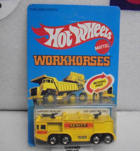 1983 HOT WHEELS WORKHORSES YELLOW AIRPORT RESCUE TRUCK UNPUNCHED CARD