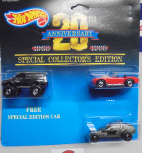 1987 HOT WHEELS 20TH ANNIVERSARY 3 CAR SET TALLRYDER, SHELBY COBRA, ARMY GUNNER