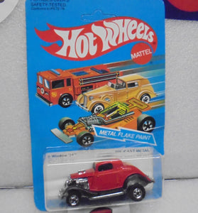 1982 HOT WHEELS Red 3 Window '34 Ford w/Blackwalls Unpunched Card