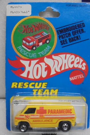 1977 HOT WHEELS RESCUE TEAM YELLOW PARAMEDIC VAN PATCH CARD