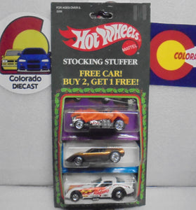 1986 HOT WHEELS STOCKING STUFFER w/CARGOYLE, REDLINER, FIREBIRD FUNNY CAR