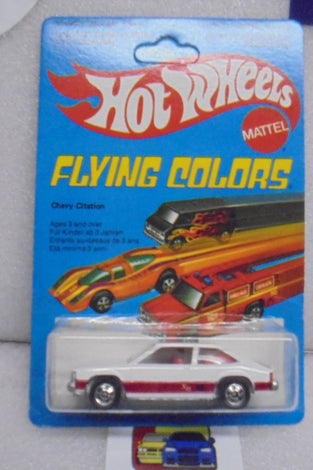 1979 HOT WHEELS FLYING COLORS WHITE CHEVY CITATION UNPUNCHED INTERNATIONAL CARD