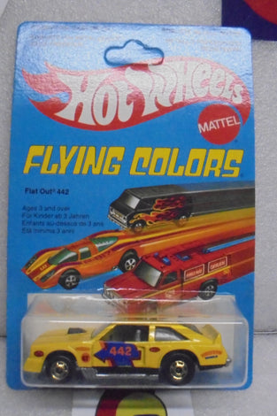 1979 HOT WHEELS FLYING COLORS YELLOW FLAT OUT 442 UNPUNCHED INTERNATIONAL CARD