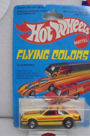 1979 HOT WHEELS FLYING COLORS YELLOW TURBO MUSTANG INTERNATIONAL CARD
