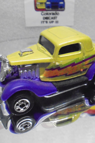 Loose Hot Wheels Lime Green/Purple 3-Window '34 Ford w/Blackwalls