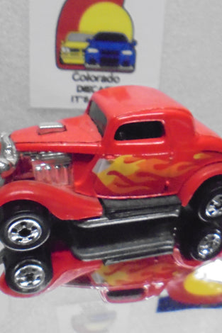 Loose Hot Wheels Red w/Flames 3-Window'34 Ford w/Blackwalls