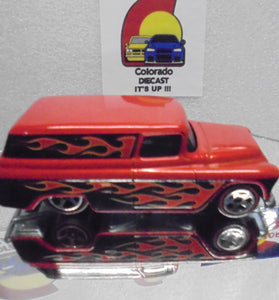 LOOSE HOT WHEELS ORANGE '55 CHEVY PANEL TRUCK w/MOTORCYCLE & w/REDLINES
