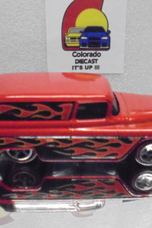 LOOSE HOT WHEELS ORANGE '55 CHEVY PANEL TRUCK w/MOTORCYCLE & w/REDLINES