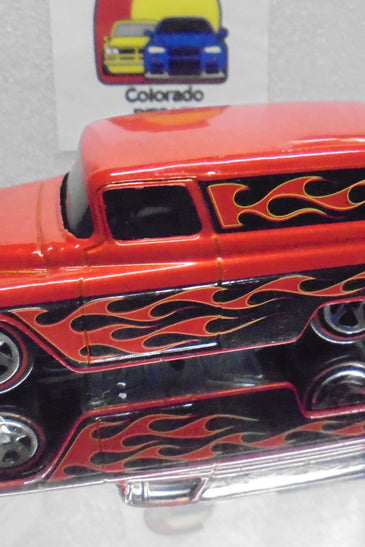 LOOSE HOT WHEELS ORANGE '55 CHEVY PANEL TRUCK w/MOTORCYCLE & w/REDLINES