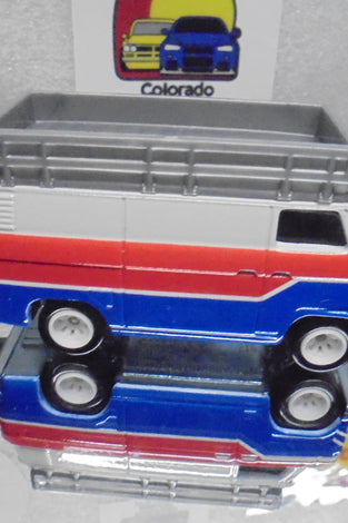 LOOSE HOT WHEELS RED/WHITE/BLUE HW RALLY HAULER VAN w/TRAILER w/RR'S