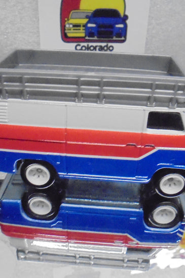 LOOSE HOT WHEELS RED/WHITE/BLUE HW RALLY HAULER VAN w/TRAILER w/RR'S