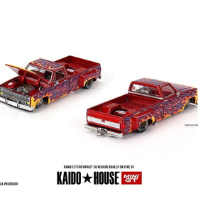 Kaido House x Mini GT 1:64 Chevrolet Silverado Dually on Fire V1 – Red with Flames