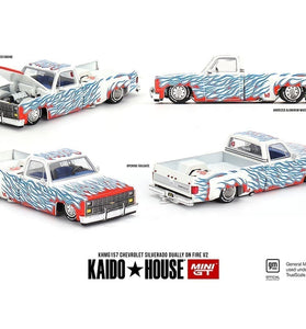 Kaido House x Mini GT 1:64 Chevrolet Silverado Dually on Fire V2 – White Flames