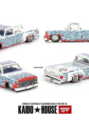 Kaido House x Mini GT 1:64 Chevrolet Silverado Dually on Fire V2 – White Flames