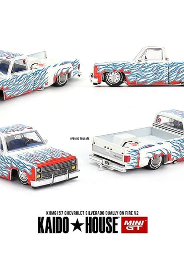 Kaido House x Mini GT 1:64 Chevrolet Silverado Dually on Fire V2 – White Flames