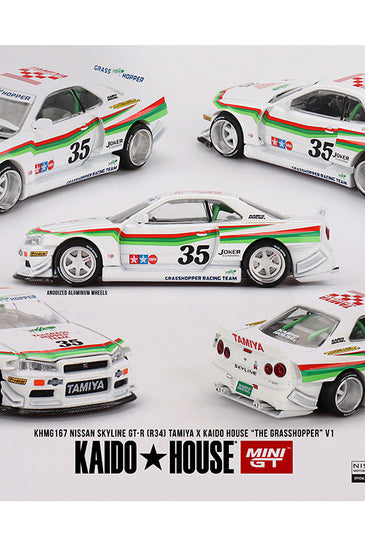 Kaido House x Mini GT 1:64 Nissan Skyline GT-R (R34) Tamiya X Kaido House “The Grasshopper” V1 – White