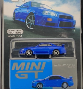 Mini GT Nissan Skyline. GT-R (R34) V-Spec Bayside Blue #759