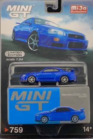 Mini GT Nissan Skyline. GT-R (R34) V-Spec Bayside Blue #759