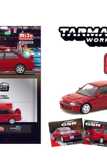 Tarmac Works 1:64 Mitsubishi Lancer GSR Evolution II with 1 Pack Trading Card Included – Red