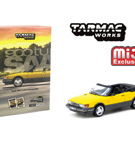 Tarmac Works 1:64 Saab 900 Turbo Convertible with Trading Cards – Yellow- Global64 – Mijo Exclusives