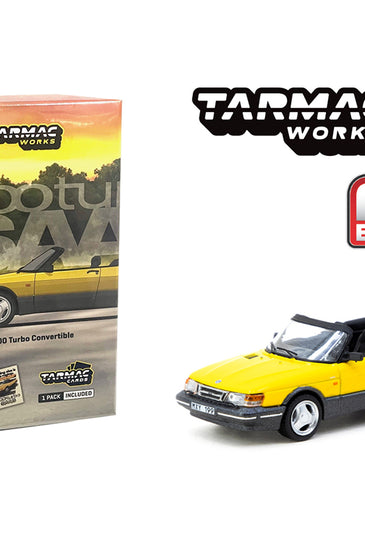 Tarmac Works 1:64 Saab 900 Turbo Convertible with Trading Cards – Yellow- Global64 – Mijo Exclusives