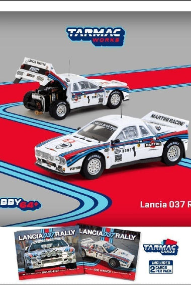 Tarmac Works 1:64 Lancia 037 Rally Rally Monte Carlo 1983 Winner W. Rohrl / C. Geistdorfer with Trading Cards- Hobby64